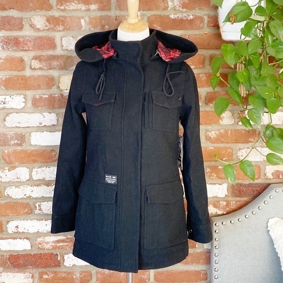 Hurley X Alpha IND Collaboration Black Wool Pea Coat NWT Size small RARE - Picture 2 of 15
